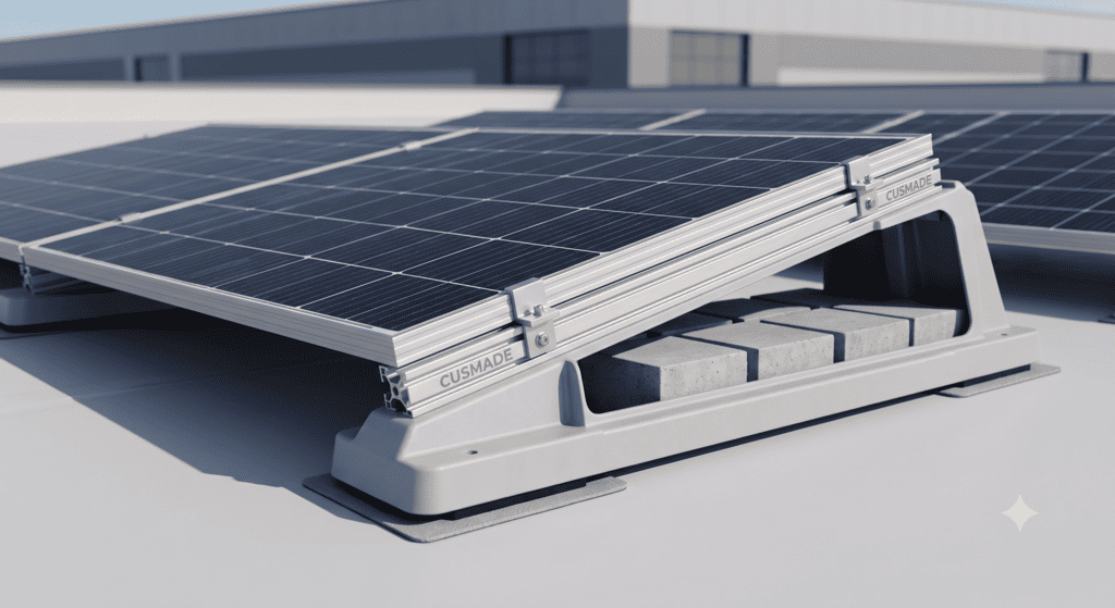 Ballasted flat roof mounting console made of weather-resistant materials for PV panels by Cusmade K-500®