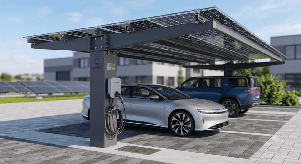 Custom engineered mounting structure for tailored PV carports by Cusmade K-500®